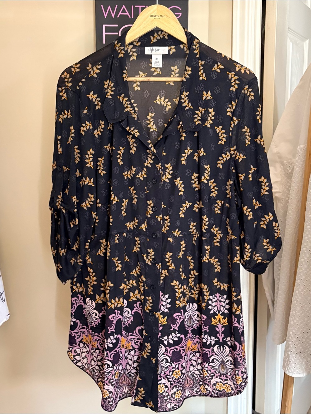 Style & Co. Black Tunic with Gold Leaf and Pink Border Print